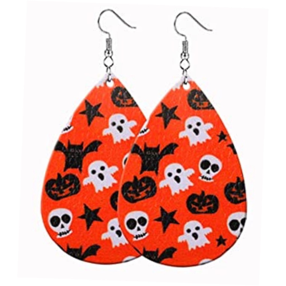 HALLOWEEN SPOOKY ORANGE FAUX LEATHER TEAR DROP EARRINGS